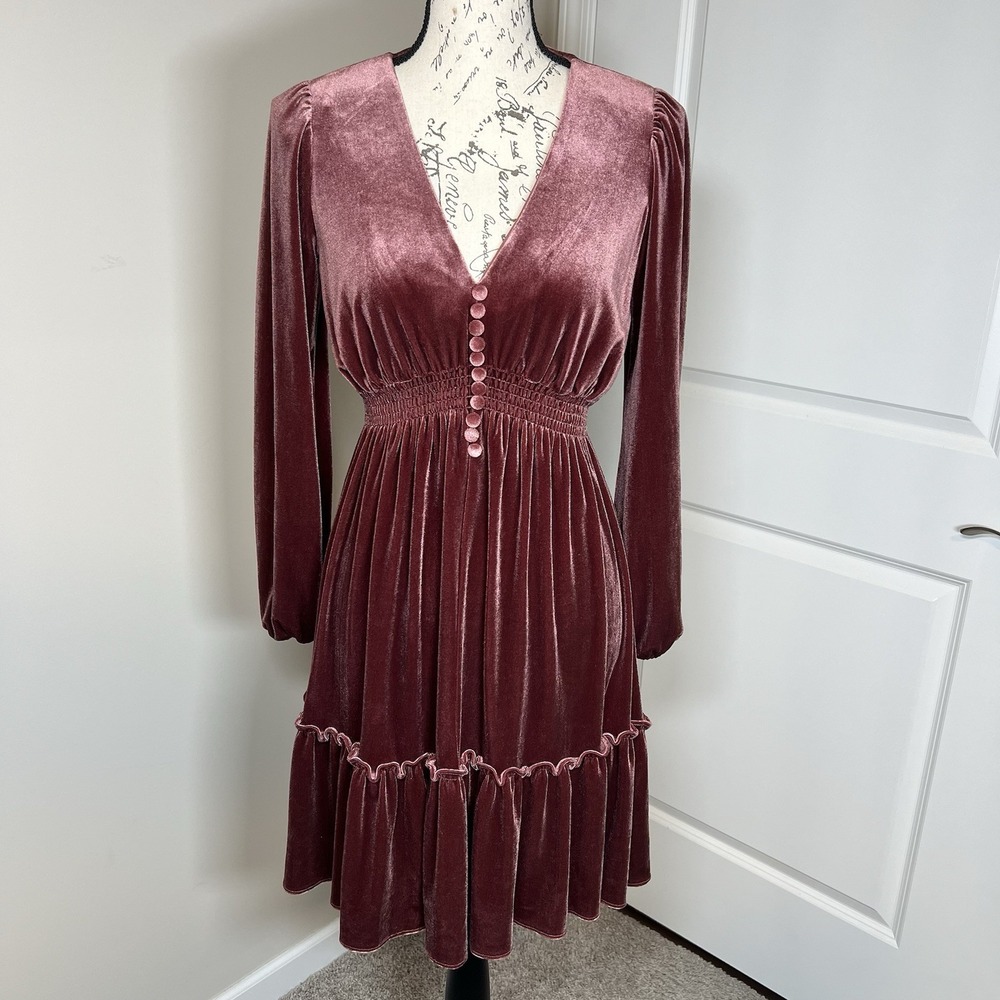 Velvet V-Neck Smocked Balloon Sleeve Tiered Mini Dress 2 Mauve Whimsy Boho Chic
